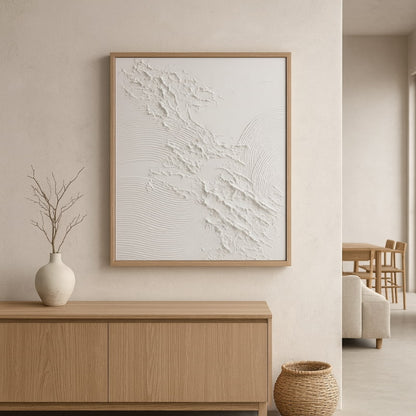 Framed abstract artwork in a wabi sabi art gallery​.