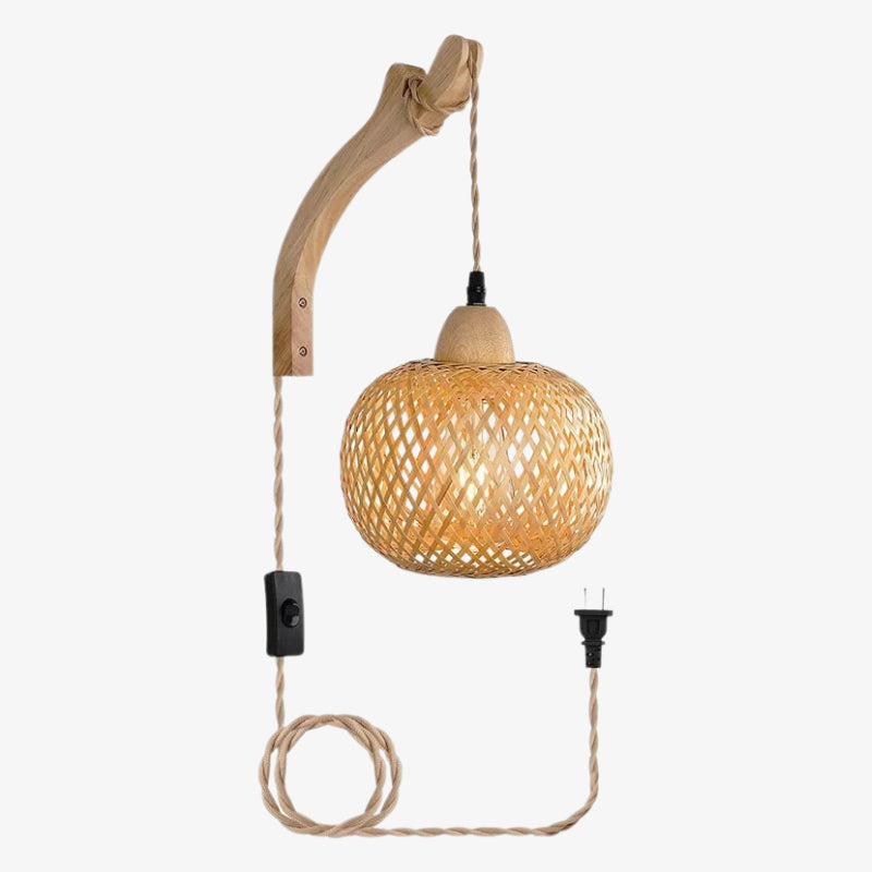 Wabi sabi bamboo wall light with wooden arm and cord on a white background