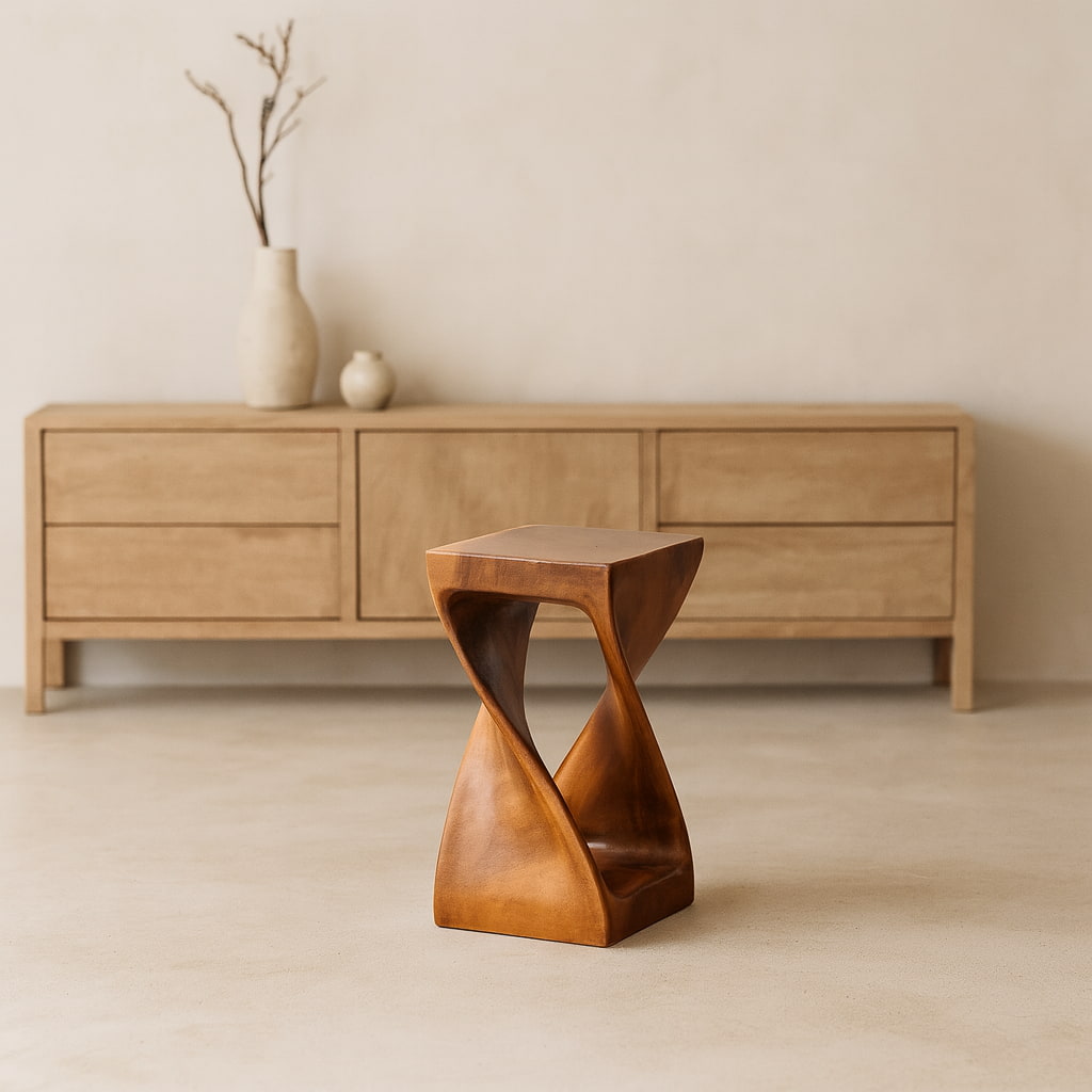 wabi sabi bar stools in front of a kitchen counter with a sink.
