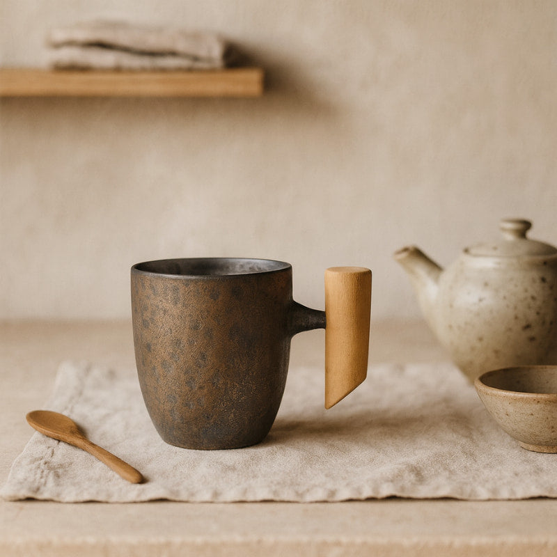 wabi sabi black ceramic mug with wooden handle on a beige surface with a teapot and bowl in the background.