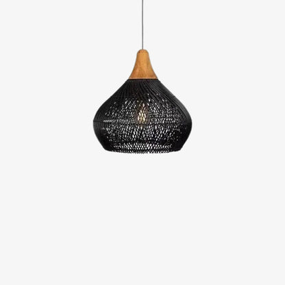 Wabi sabi black wicker light​
 with wooden top on a white background.
