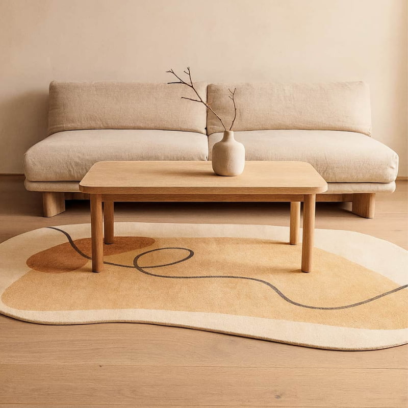 Beige sofa with a wooden coffee table and wabi sabi carpet in a minimalistic room.