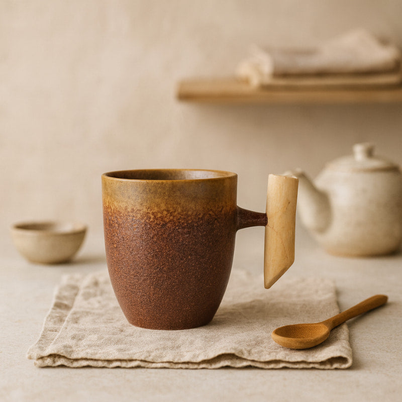 Wabi sabi ceramic mug​ with wooden handle on a textured surface, with a teapot and bowls in the background.