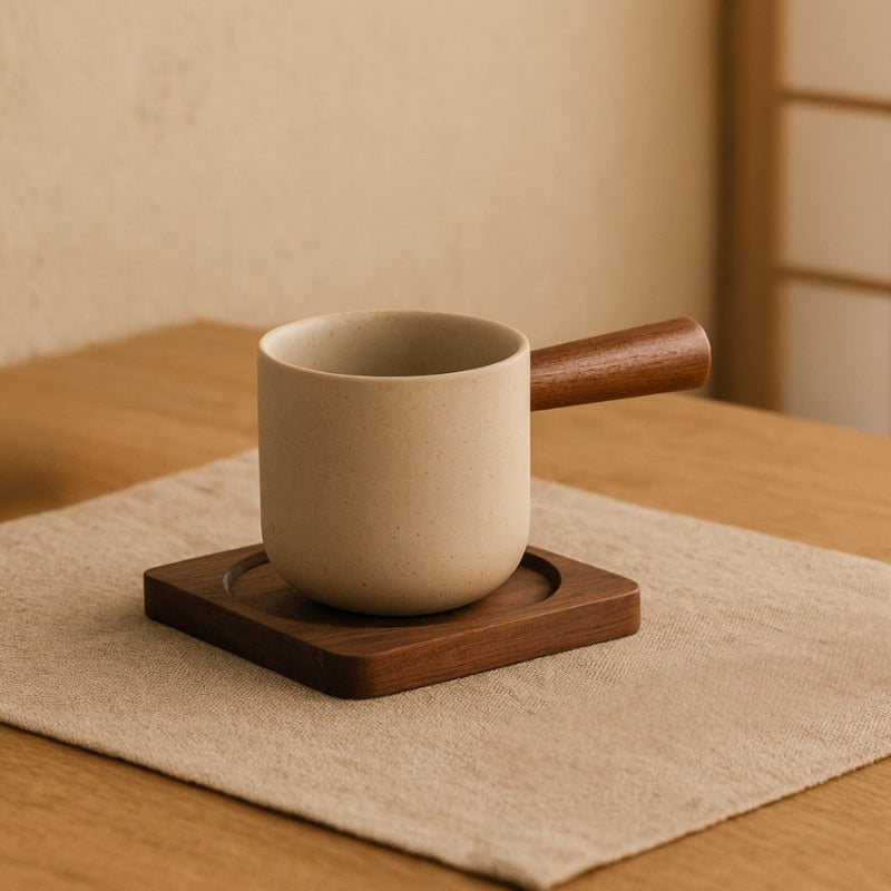 Wabi sabi cup with wooden handle on a wooden coaster on a table with a cloth