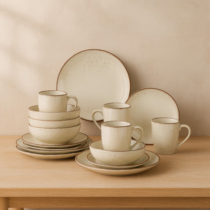 wabi sabi dining set on a wooden table with a beige background