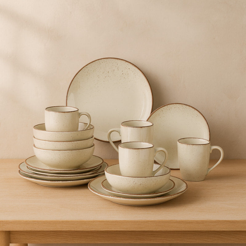 wabi sabi dining set on a wooden table with a beige background