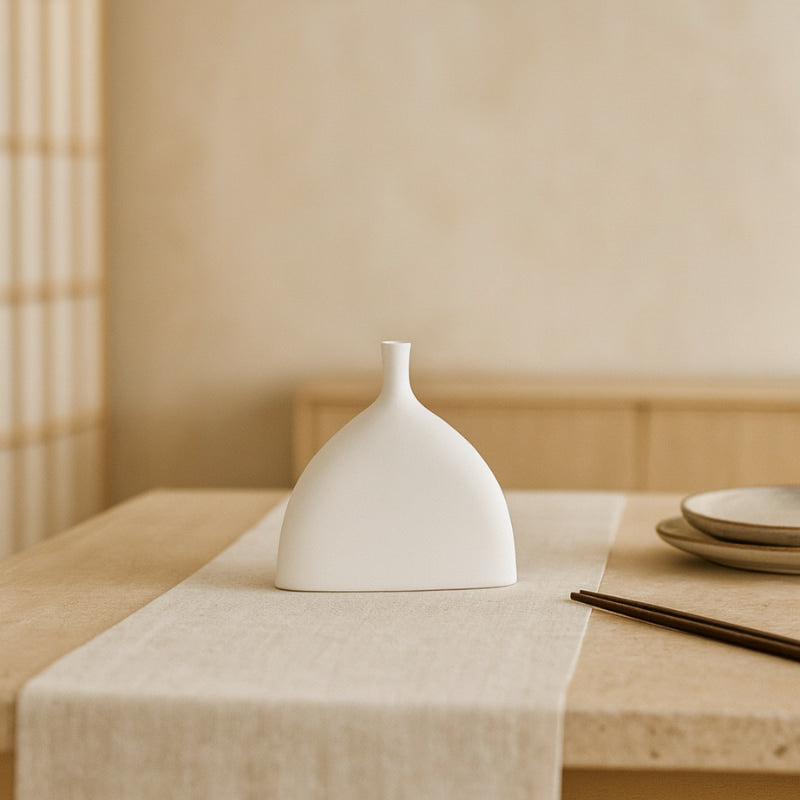 White wabi sabi flower pot on a table with a beige runner and wooden surface.
