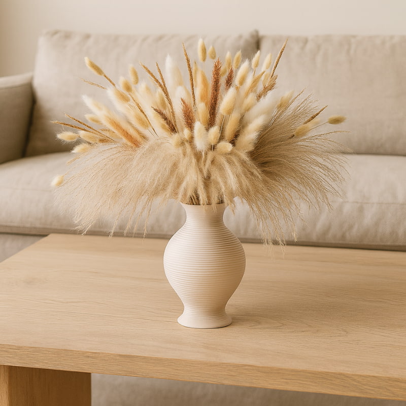 White vase with dried wabi sabi flowers on a wooden table in a living room setting