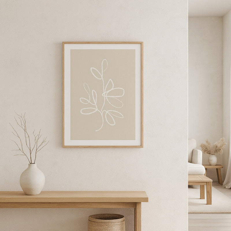 Framed abstract wabi sabi in art​ on a wall with minimal decor