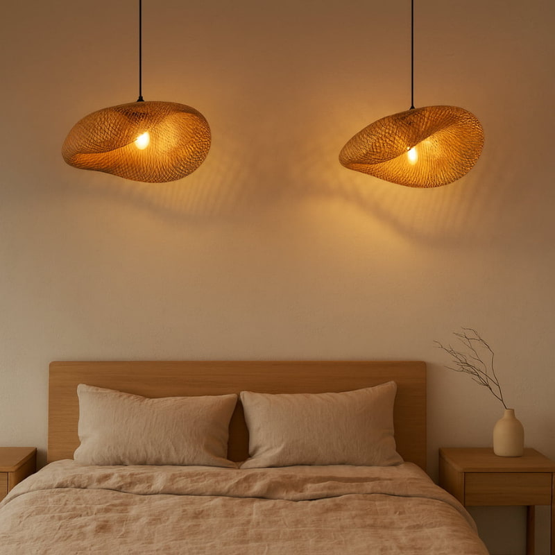 Bedroom with wooden headboard, beige bedding, and two wabi sabi light fixture.