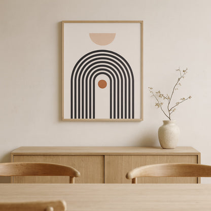 wabi sabi living room decor​ on a wall above a wooden cabinet with a vase and branches.