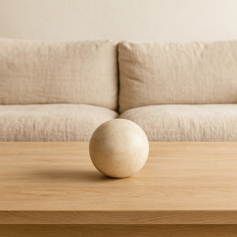 wabi sabi marble beige sphere on a wooden surface with a beige sofa in the background