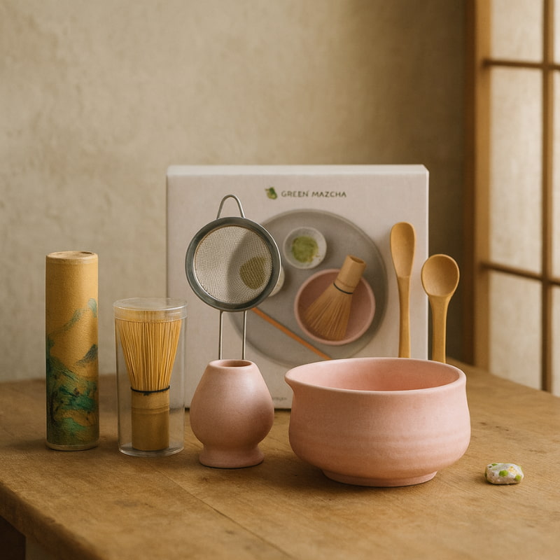 Wabi sabi matcha set on a wooden table in a calm environment 