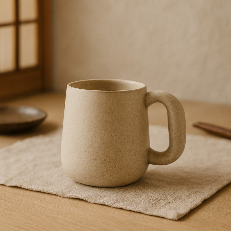 Beige wabi sabi mugs on a textured surface with a blurred background