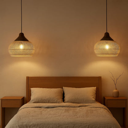Bedroom with wooden headboard, beige bedding, and two wabi sabi night light bedroom
