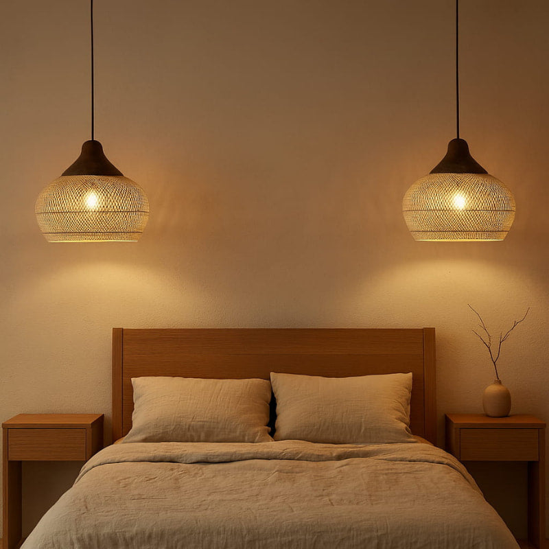 Bedroom with wooden headboard, beige bedding, and two wabi sabi night light bedroom