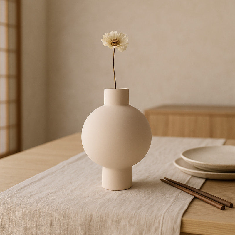 Beige wabi sabi plant pots with a single white flower on a wooden table with a neutral background