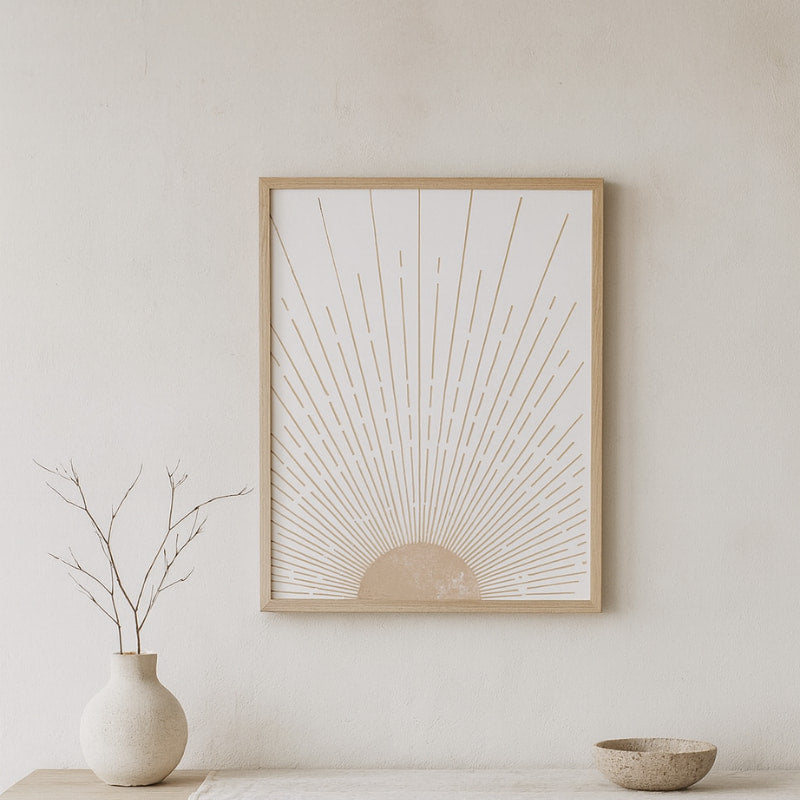 Wabi sabi poster on a wall with a vase and bowl below