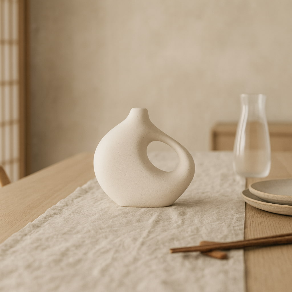 White wabi sabi pottery vase on a table with a neutral background