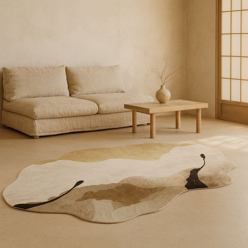 Beige living room with a sofa, coffee table, and a wabi sabi rug.