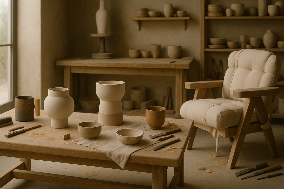 A Wabi Sabi Studio with pottery on a table and shelves filled with ceramic items.
