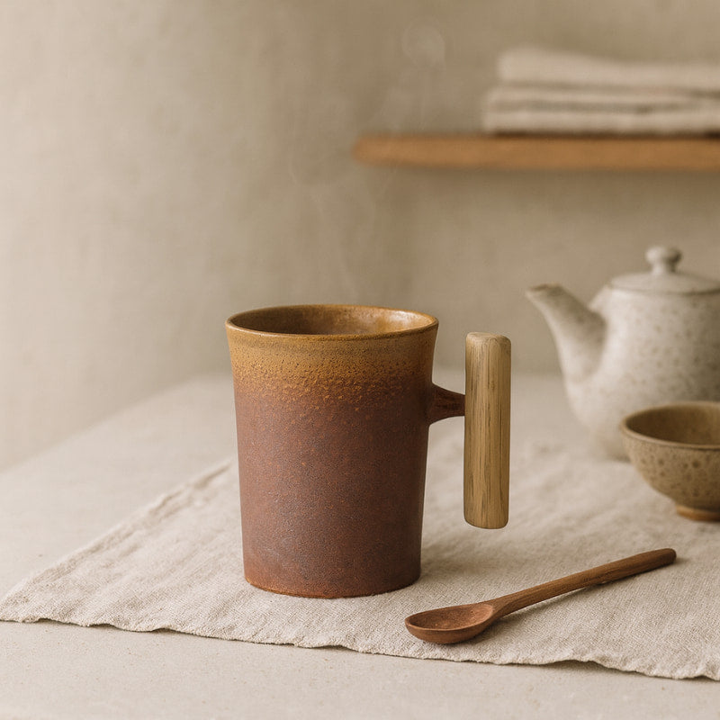 Wabi sabi tea mug with wooden handle on a textured surface with teapot and bowl in the background.