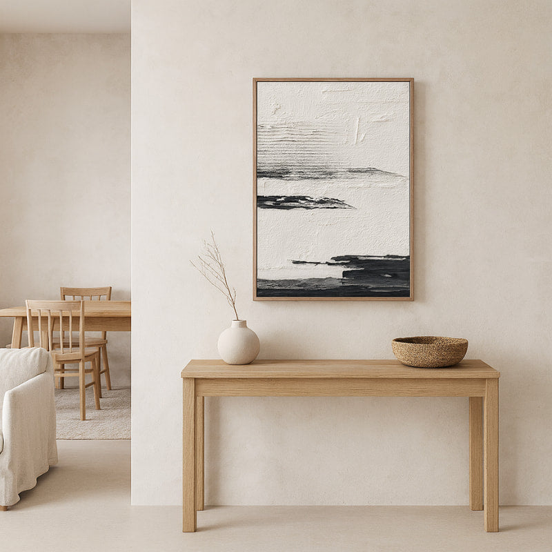 wabi sabi the art of everyday life​ with a framed abstract art piece.