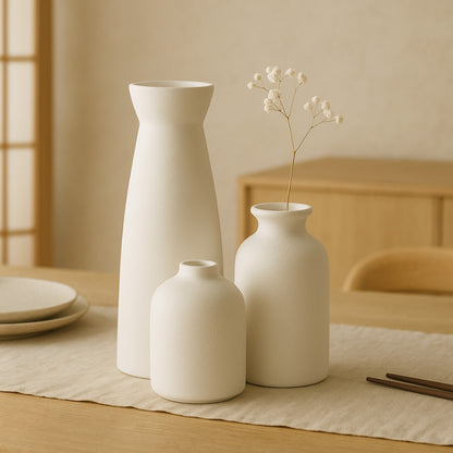 Wabi sabi vase set on a wooden table with a neutral background