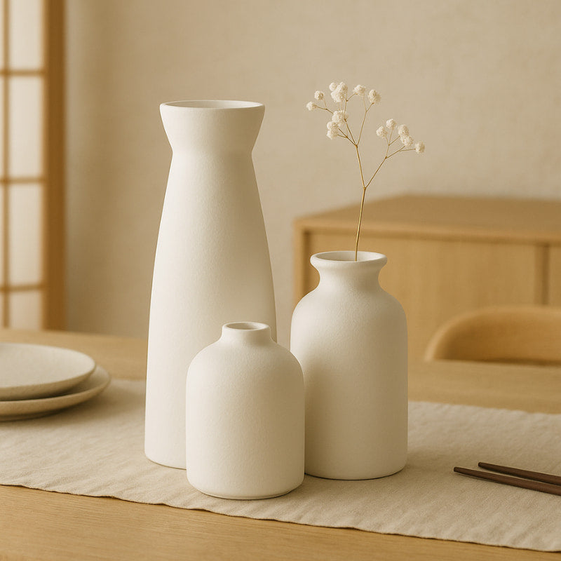 Wabi sabi vase set on a wooden table with a neutral background