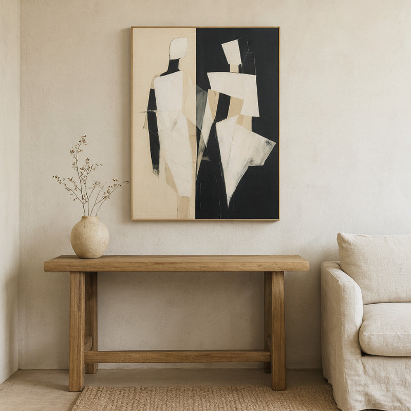 Neatly made bed with beige bedding in a bedroom setting, featuring wabi sabi wall art large.