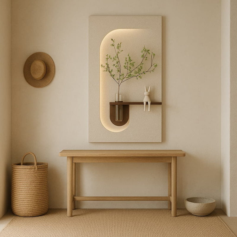 wabi sabi wall decor in a minimalist hall with beige color and wooden table.