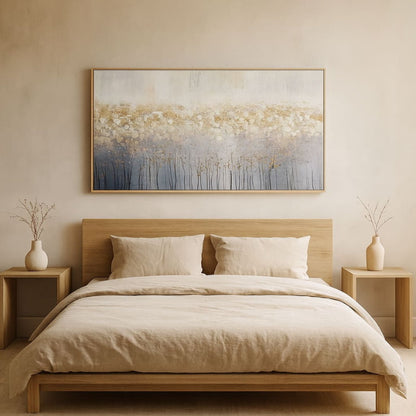 Beige bedroom with wooden bed, side tables, and a wabi sabi wall painted style.