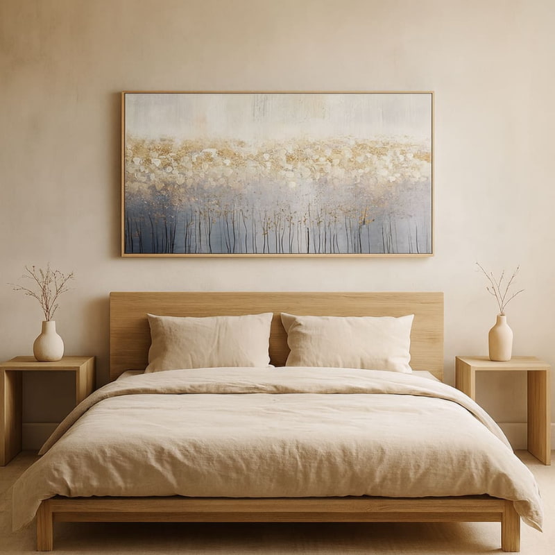 Beige bedroom with wooden bed, side tables, and a wabi sabi wall painted style.