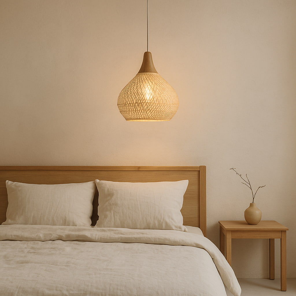 Bedroom with wooden headboard, white bedding, and a wabi sabi wicker pendant lamp.