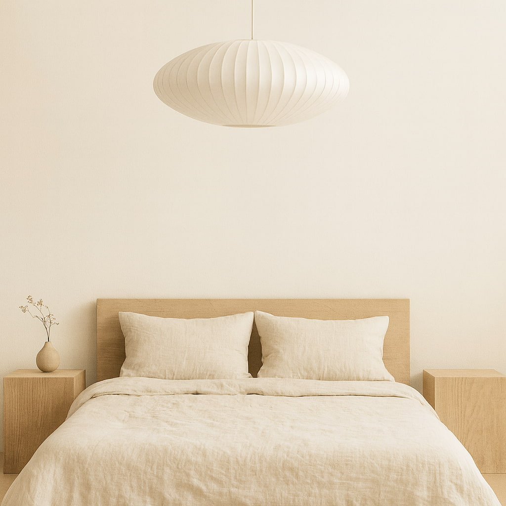 Beige bedroom with a bed, nightstands, and a wabi sabi wicker pendant light​