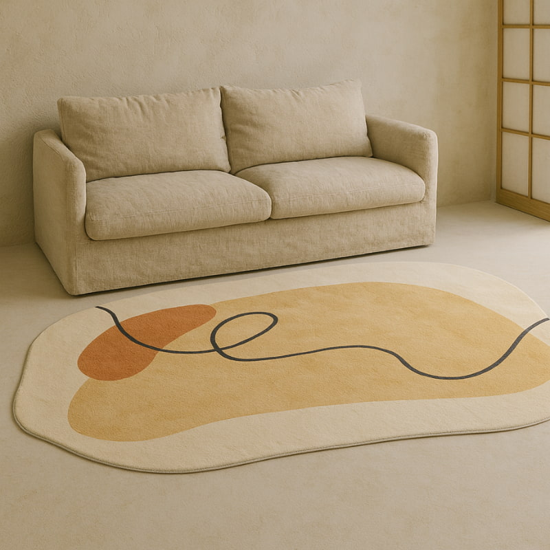 Beige sofa in a room with a decorative white carpet bedroom featuring abstract shapes.