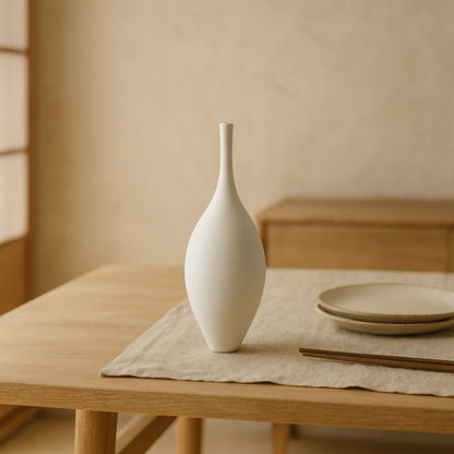 White floral vase on a wooden table with a neutral background