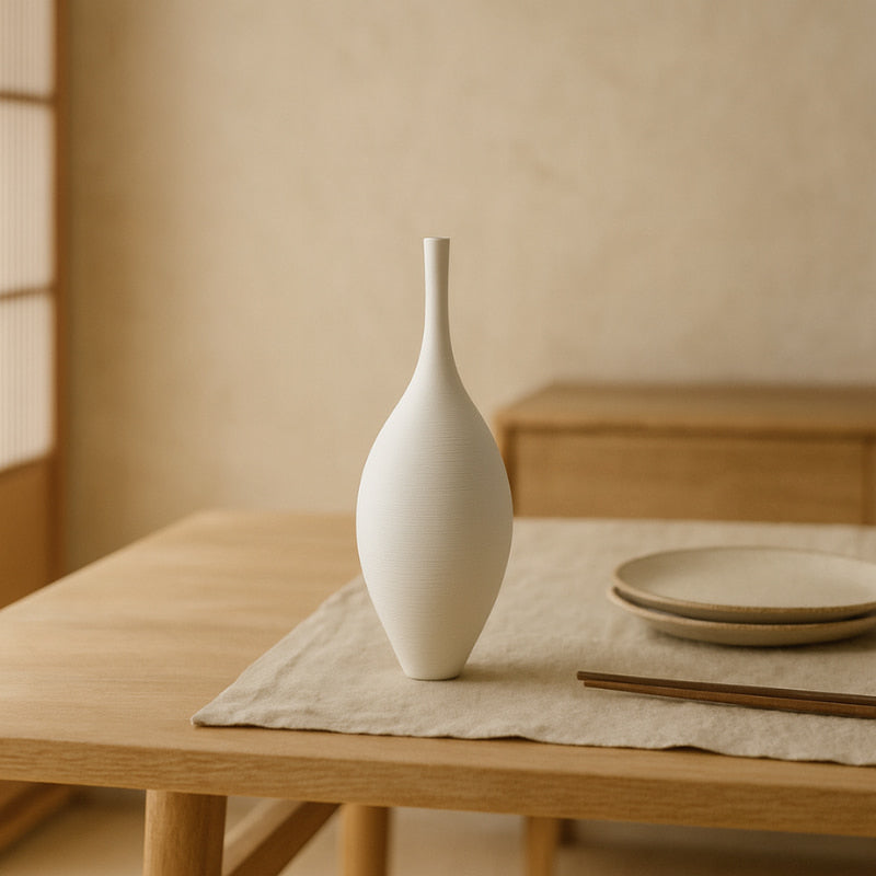 White floral vase on a wooden table with a neutral background