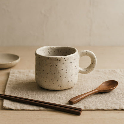 Speckled white mug​ on a wooden table with a blurred background