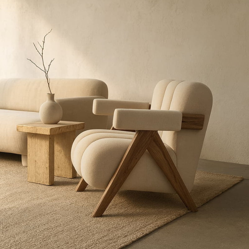 white velvet armchair​ with wooden legs in a minimalistic room.