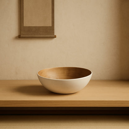white wood bowl wabi sabi on a wooden surface with a beige wall in the background