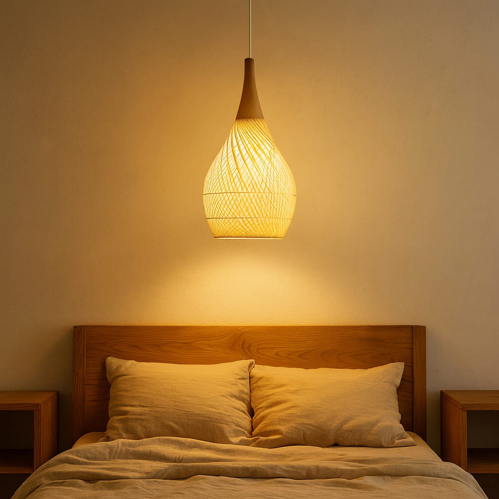 Bedroom with wooden headboard, pillows, and a wicker lights hanging.