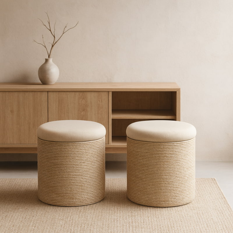 wicker ottoman seat​ with beige cushions on a white background