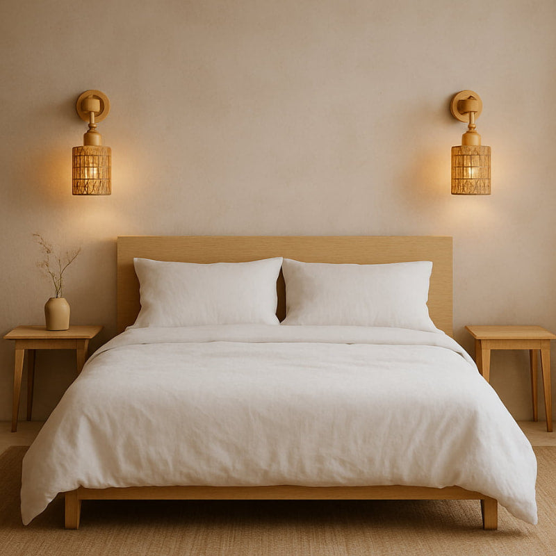 Neatly made bed with white bedding in a bedroom setting with wicker wall lamp shade​.