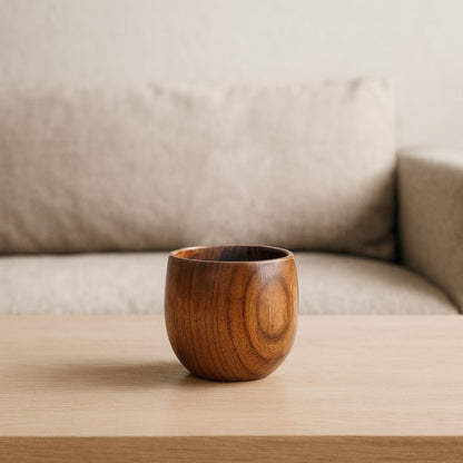 wood coffee cup on a wooden table with a blurred beige sofa in the background