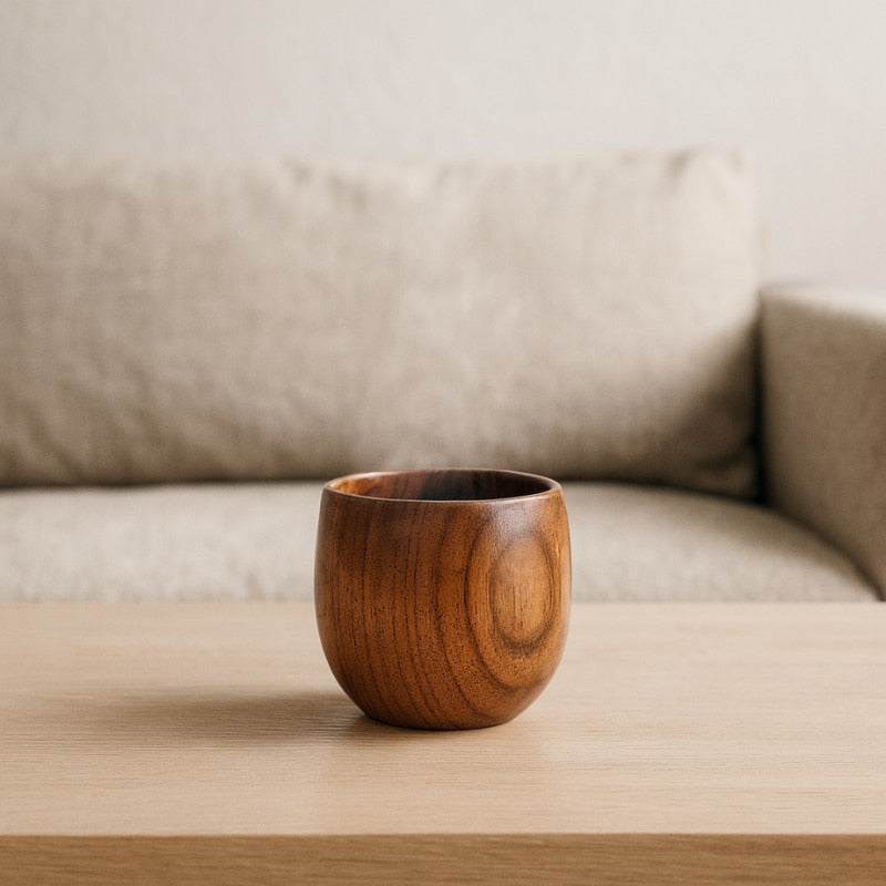 wood coffee cup on a wooden table with a blurred beige sofa in the background