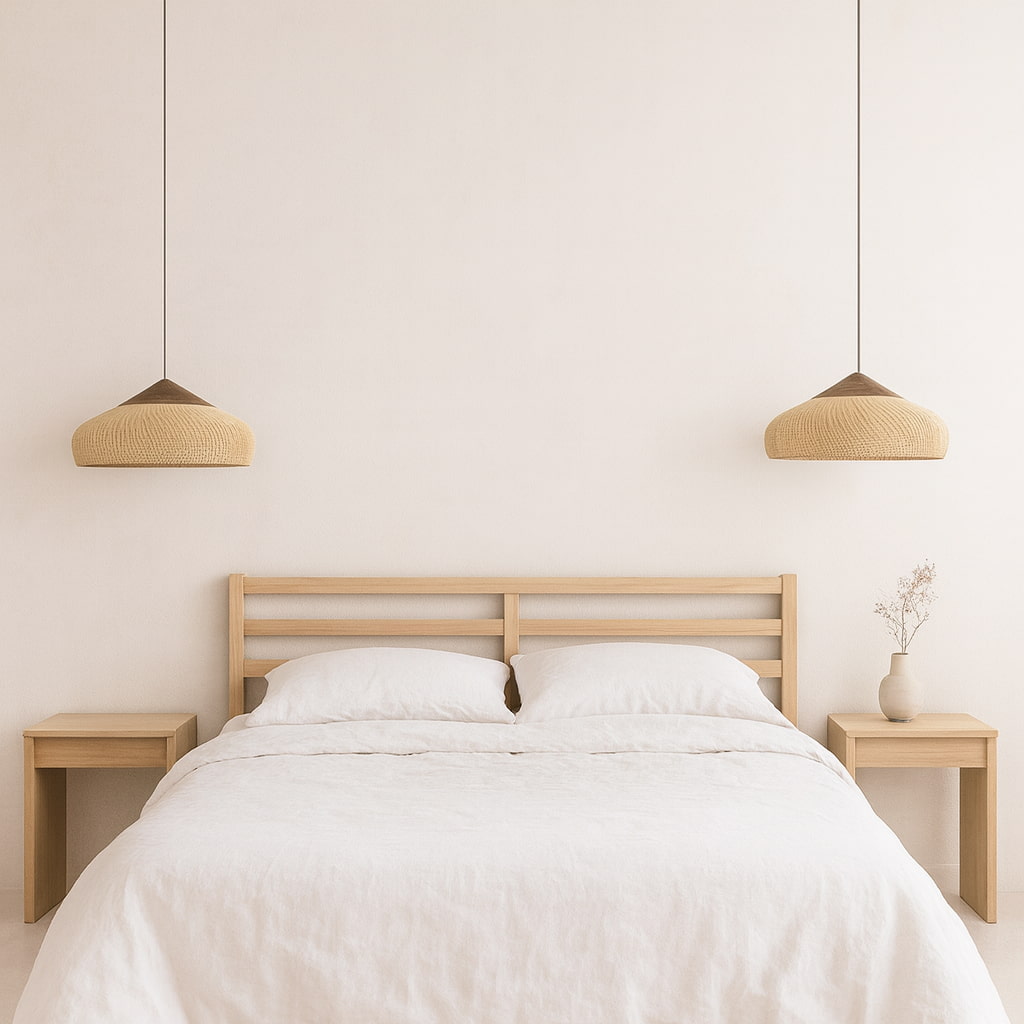 Minimalist bedroom with a bed, nightstands, and wood pendant light wabi sabi​