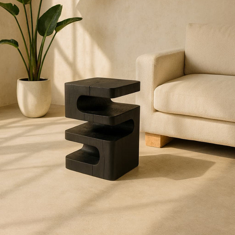 wood stool design​ in a wabi sabi living room