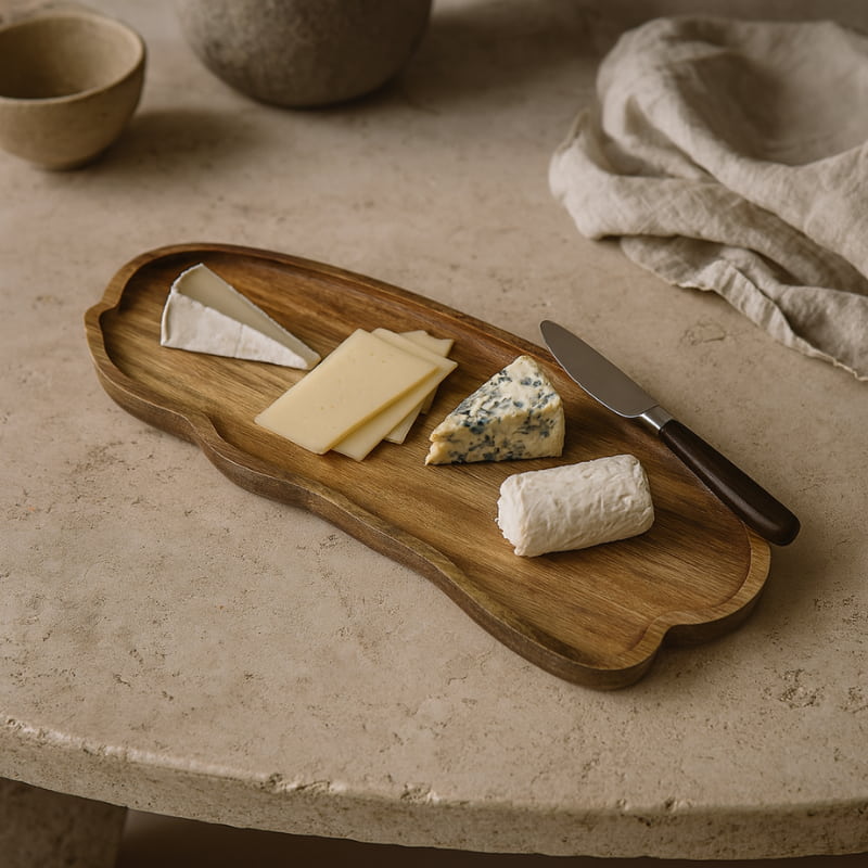 Wooden cheese tray with various types of cheese and a knife on a stone surface.