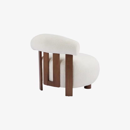 wooden dining chair boucle white fabric brown legs​ on a white background